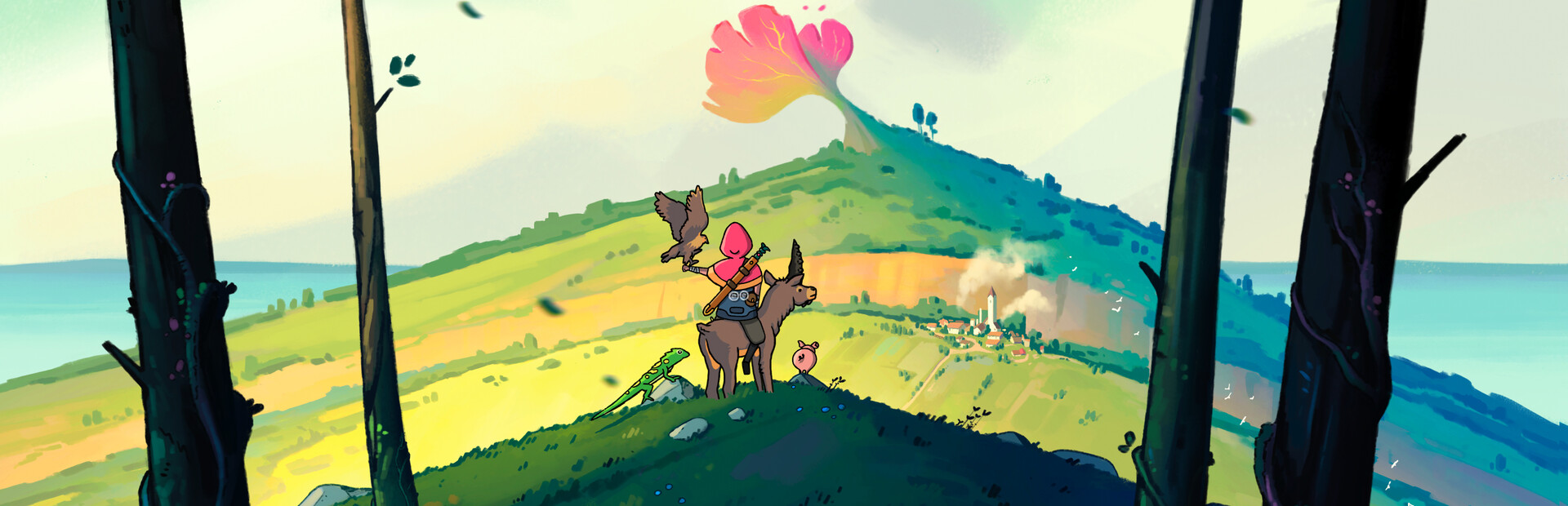 Wildaria key art — the tamer, a mount and the village on the hill, official artwork